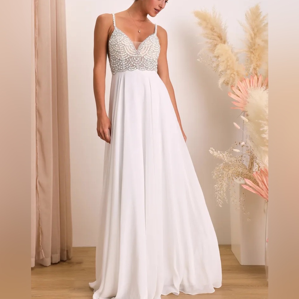 Lulus True Love White Beaded Rhinestone Maxi Dress